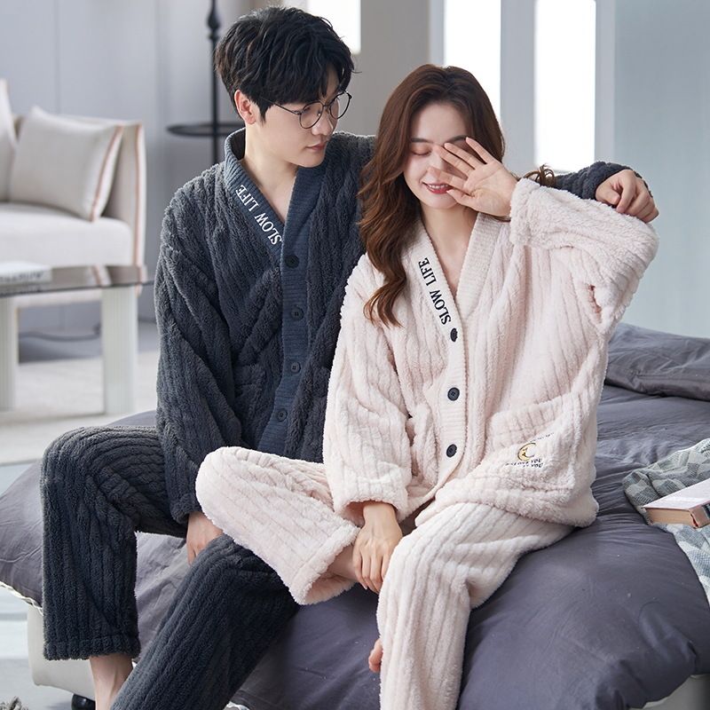 Autumn and Winter Flannel Women's Pajamas Coral Couple's Men's Home Clothes with Thick Velvet Live Streaming Internet_voghion.com