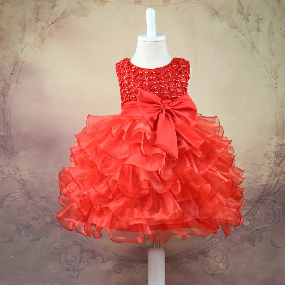 Mother & Kids new style girl flower princess dress bow beaded baby dress flower girl wedding dress tutu skirt_voghion.com