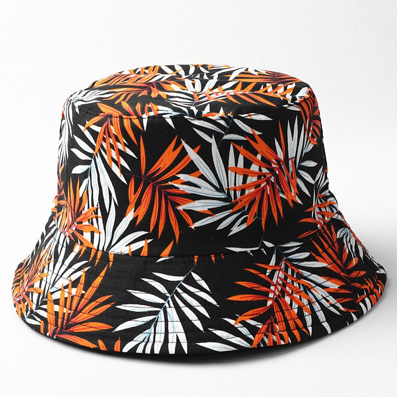 New leaf print double-sided bucket hat outdoor leisure sun protection tropical beach wind sunshade basin hat women_voghion.com