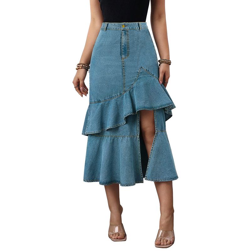 Roupas femininas plus size nova saia jeans justa comprimento médio_voghion.com