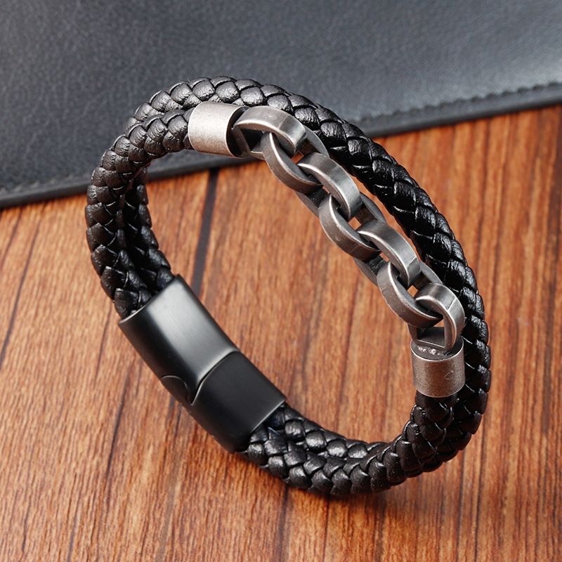 Bracciale in pelle da uomo, fatto a mano, intrecciato, con catena, in vera pelle, intrecciato, in acciaio inossidabile, con corda in pelle._voghion.com