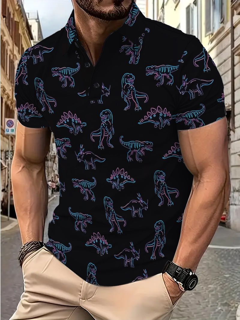 Men's Clothing Men's Trendy Casual Polo Shirt 3D Printed Colorful Dinosaur Lapel Short Sleeved Top_voghion.com