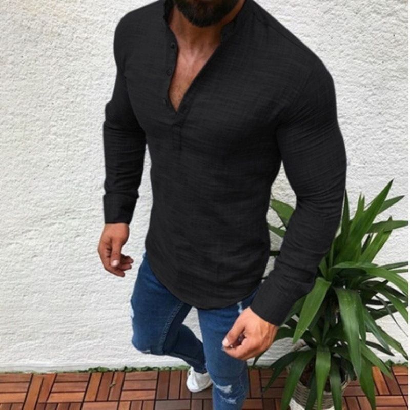 Camicia casual a maniche lunghe in poliestere semi-aperta, nuova collezione autunno uomo, tinta unita_voghion.com