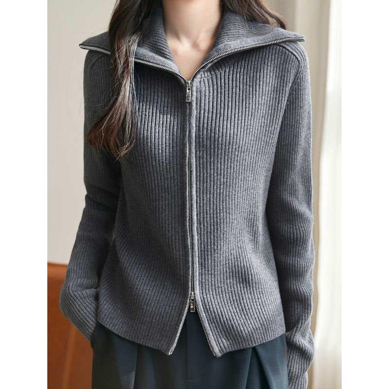 Doppelreißverschluss Revers Pullover Jacke Temperament Pendeln Dünn Einfarbig Pit Streifen Einfache Strickjacke Frauen_voghion.com