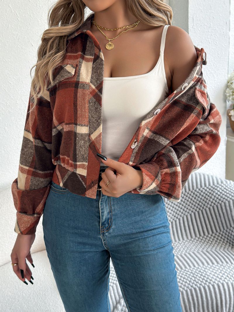 Damen Karierte Kunsttasche Langarm Tweedjacke Herbst Winter Lässiger Overshirt Mantel, Streetwear Mode, Lockere Passform, Knopfleiste vorne, Polyestermischung_voghion.com