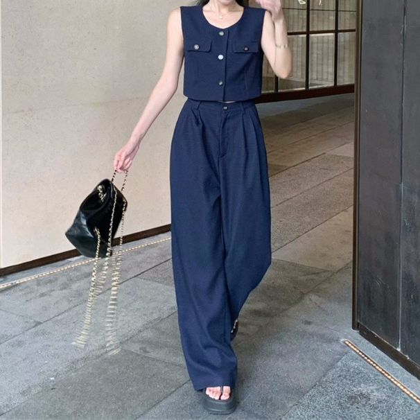 Damenbekleidung Sommer locker drapierte Hose mit weitem Bein zweiteilige Anzüge_voghion.com