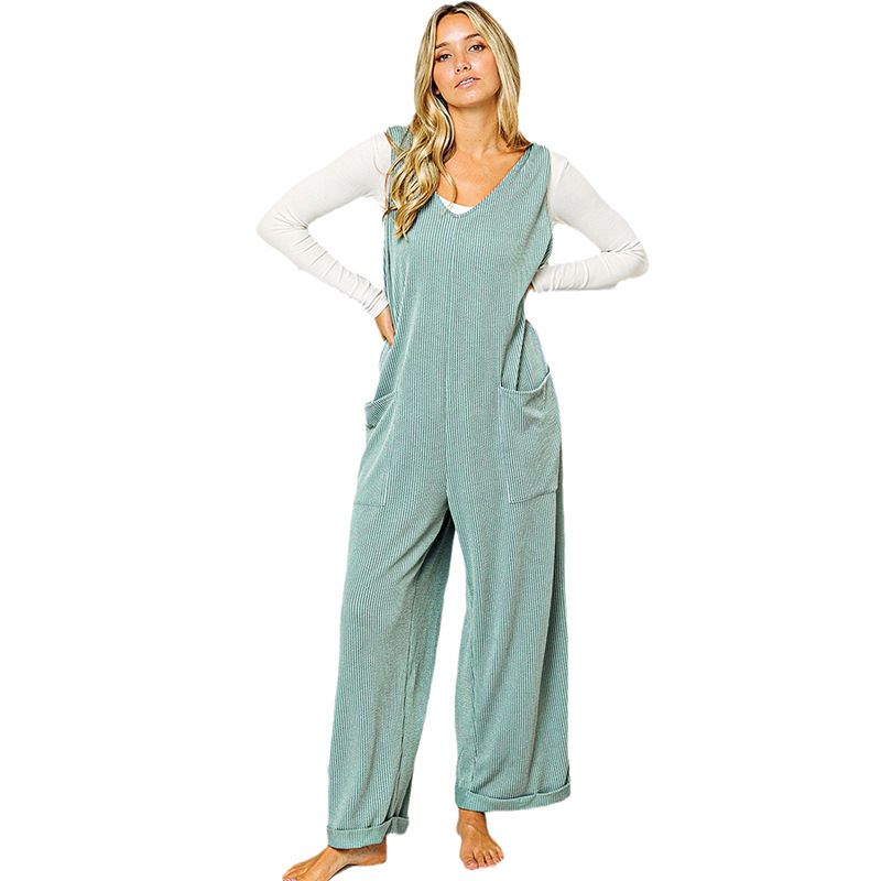 Shiying autunno nuovo tinta unita scollo a V senza maniche tuta da donna, pantaloni larghi e dritti casuali a gamba larga per le donne_voghion.com