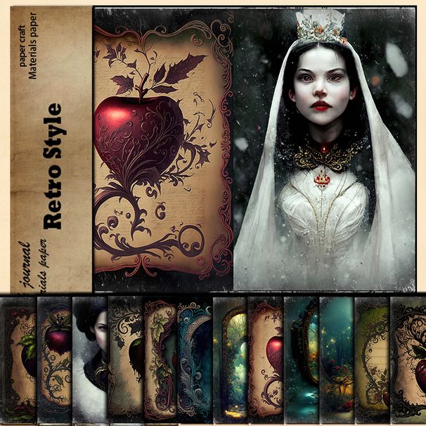 Stationery Sticker Retro Dark Black And White Snow Princess 12 Characters Series Pattern Material Paper Notebook_voghion.com