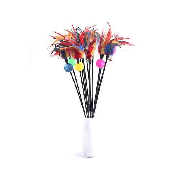 Jouet pour chat avec longue plume de golf et long bâton teaser arc-en-ciel avec boule sonore bruissante_voghion.com