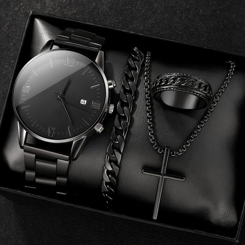 Trendy römischen Ziffern Mode 4 Stück/Set schwarz minimalistischen Quarz-Set Herrenuhr_voghion.com
