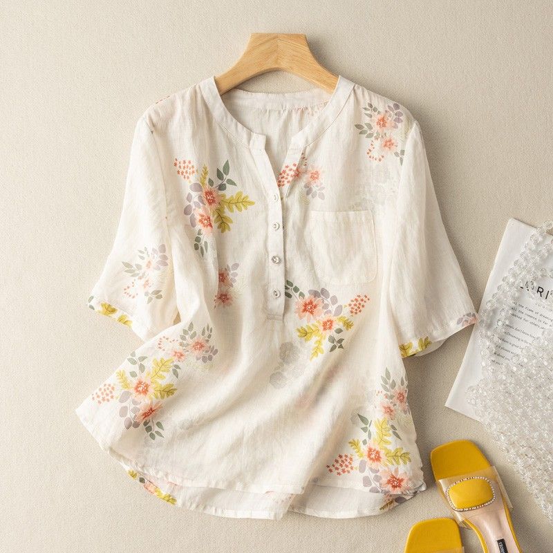 Camicia a maniche corte in cotone e lino stampato da donna. Top da donna in lino sottile dal temperamento estivo_voghion.com