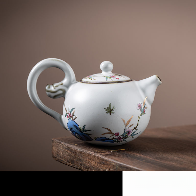 Yuebai Ru Kiln Creative Handmade Carved Dragon Pearl Single Person Household Handheld Teapot_voghion.com