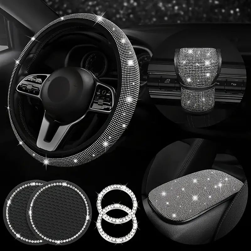 Unisex bilratbetræk hvid diamant elastisk håndtagsbetræk armlænsboks pude gearbetræk bilcoaster startring 7 dele sæt_voghion.com