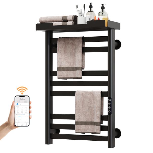 SIOYIE Heated Towel Rack With Shelf And Wi-Fi App Control, 8 Bars Electric Wall Mounted Towel Warmer With Timer & Adjustable Temperature, Low Carbon Steel, Plug-in/Hardwired, Matte Black_voghion.com