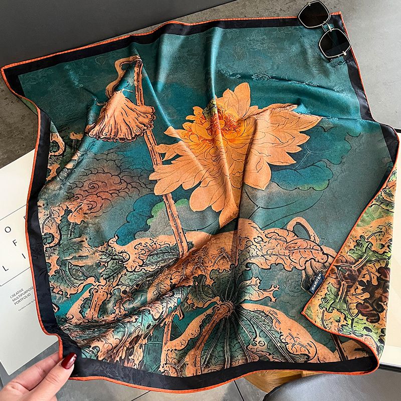 70cm small square women's spring, autumn, winter decoration, green lotus scarf, versatile ribbon, silk_voghion.com