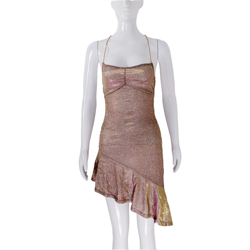 Bright silk suspender strap dress for women, sexy backless slim-fitting colorful strappy evening dress_voghion.com