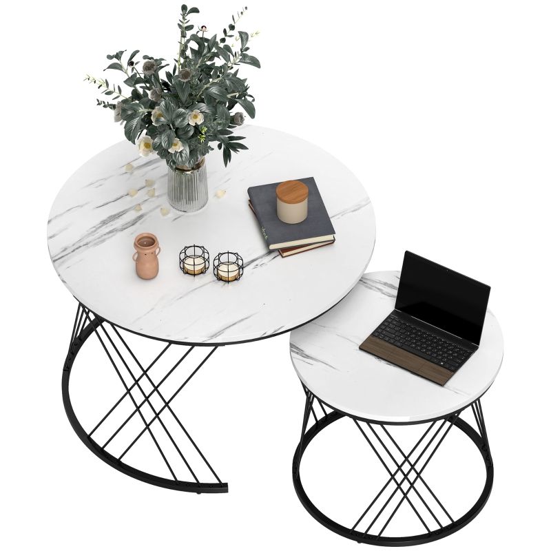 Couchtisch-Set (2er), Mit Marmoroptik, Runde Kaffeetische, Ineinanderstellbar, Weiß_voghion.com