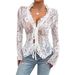 Abbigliamento da donna Top avvolgente in pizzo trasparente da donna a maniche lunghe con volant, camicetta sexy in rete trasparente, camicia casual elegante con scollo a V_voghion.com