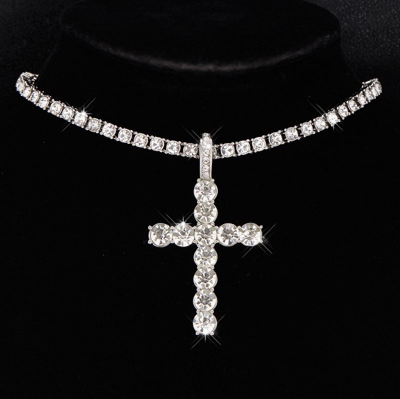 Collana con ciondolo a croce hip hop, in lega con strass, alla moda, da uomo, con personalità, semplice, gioiello_voghion.com