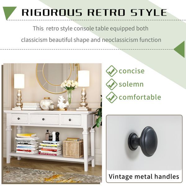 Classic Retro Style Console Table With Three Top Drawers And Open Style Bottom Shelf,Easy Assembly_voghion.com