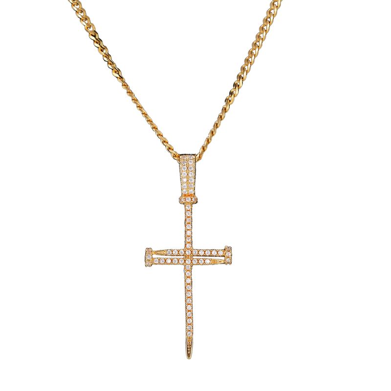 Collana con ciondolo a croce in zircone micro-intarsiato in rame, stile hip-hop, da uomo_voghion.com