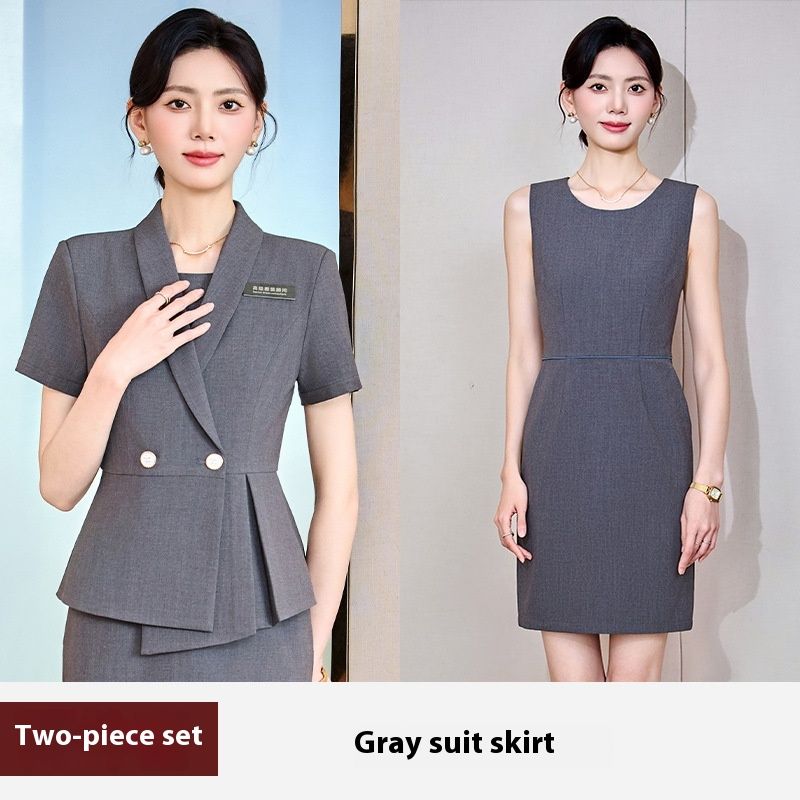 Summer Gray Short Sleeved Dress Professional Suit Women's Hotel Front Desk Manager Gold Shop Jewelry Store_voghion.com