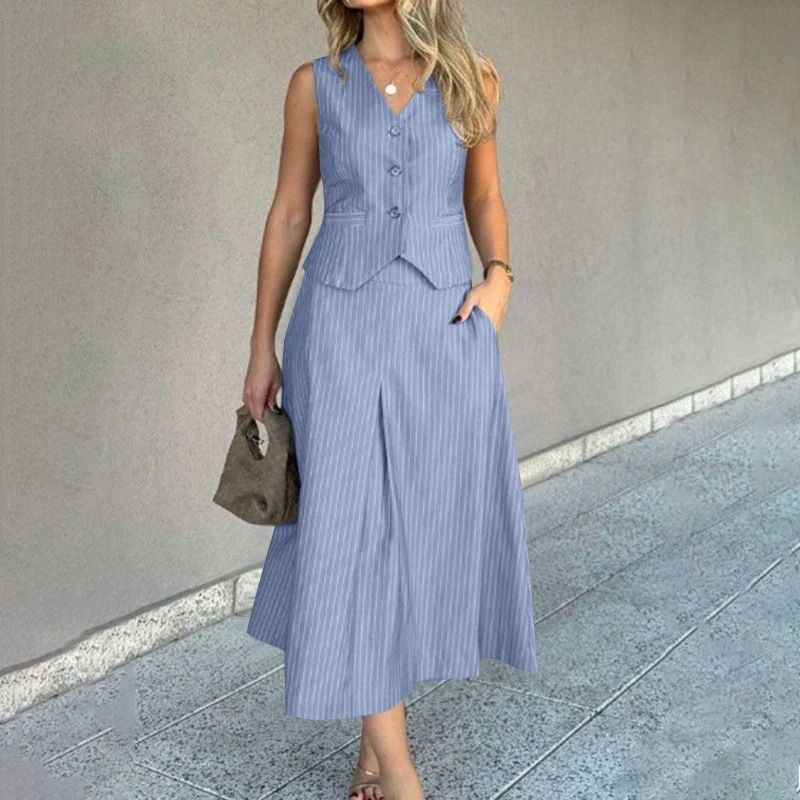 Abbigliamento da donna vintage, gilet estivo, gonna a vita alta, tailleur alla moda con stampa a righe_voghion.com
