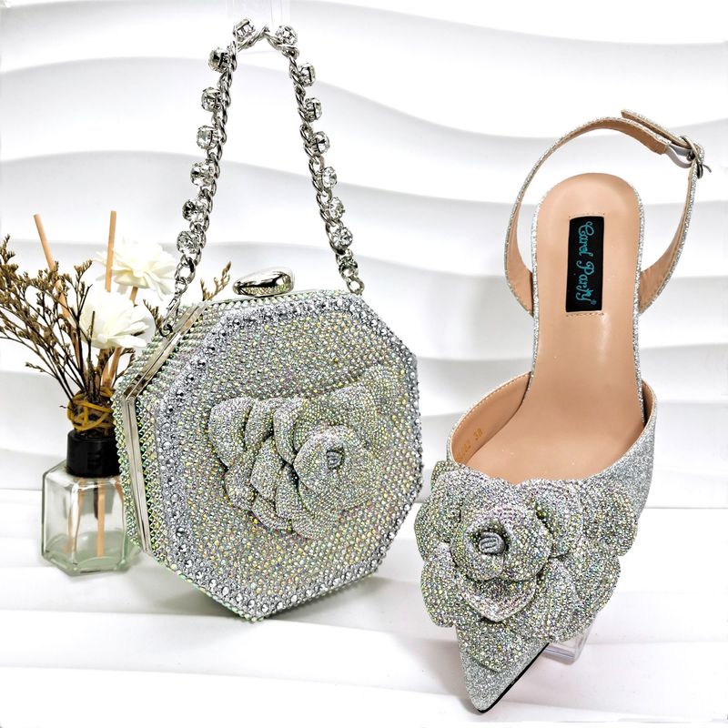 Bankett-Schuhe und Taschen-Set für Damen, Diamant-Tasche, Clutch mit Schuhen mit mittlerem Absatz für Partys oder Hochzeiten_voghion.com