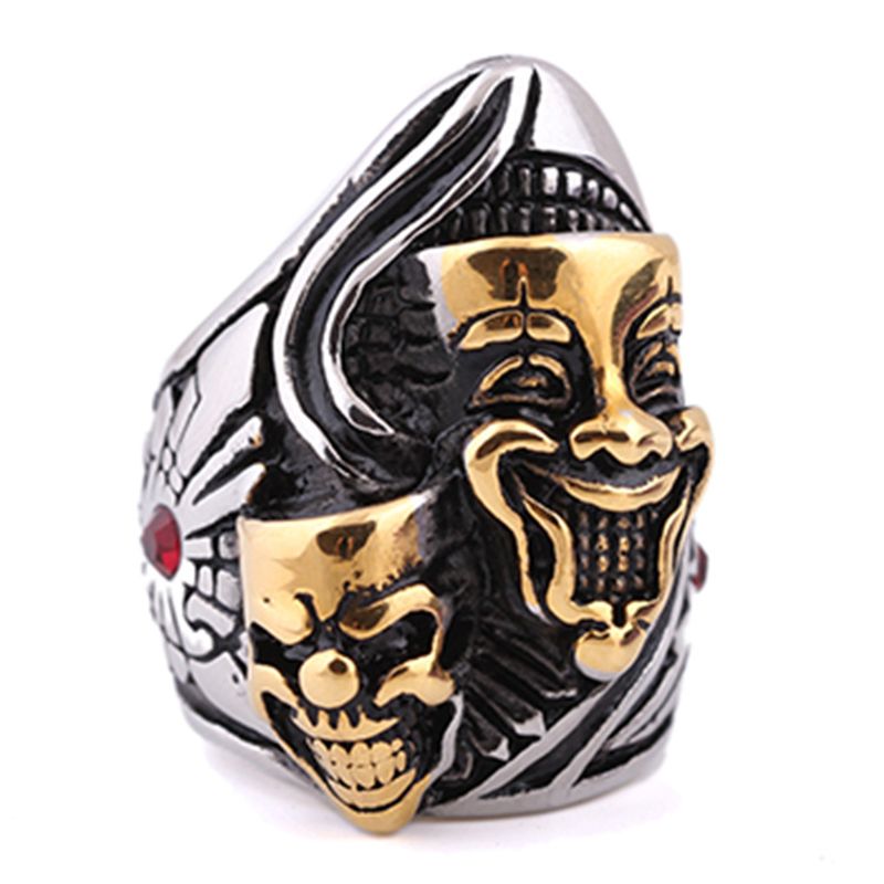 European and American retro punk titanium steel ghost face clown smile skull ring Double Ghost domineering ring men's jewelry_voghion.com