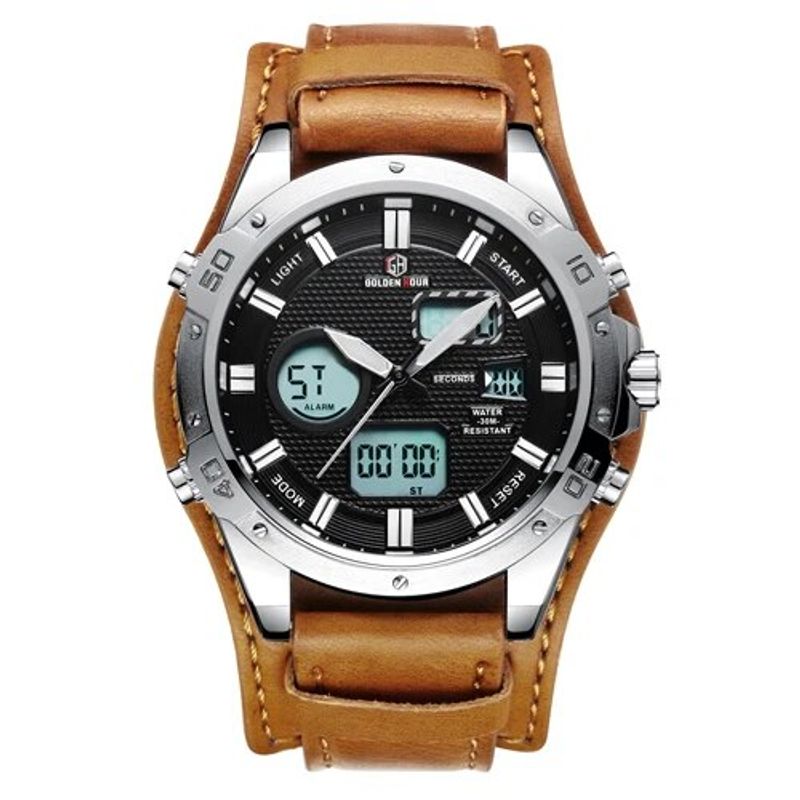 GOLDENHOUR Leather Sport Men Analog Quartz Wrist Watch Army Military Date   Dual Display  Outdoor_voghion.com