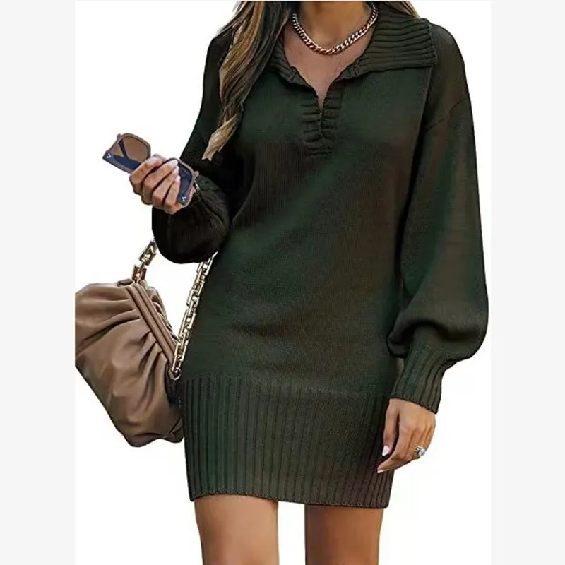 Women's Clothing mid length sweater dress lapel lantern sleeve knitted solid color long skirt_voghion.com