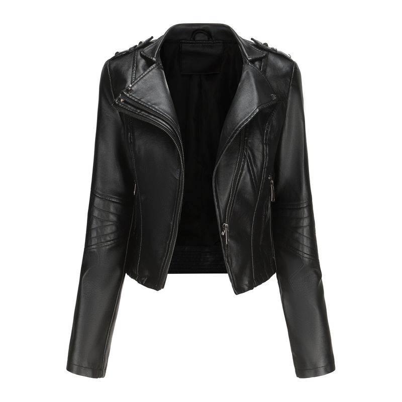 Women's Clothing New Slim Long Sleeve Spring And Autumn Leather Coat Female Rivet Popular Short Small Coat Zipper Leather Jacket_voghion.com