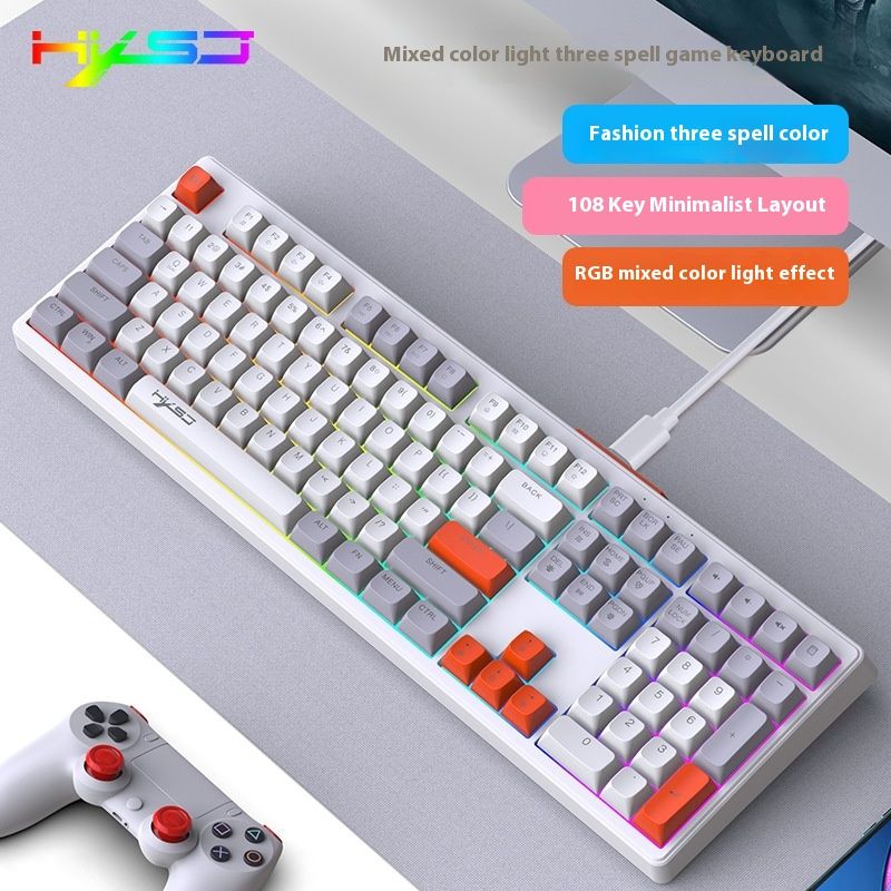 Naujas 108 klavišų laidinis žaidimų klaviatūros dangtelis, tylus mechaninis pojūtis, atsparus dilimui, trijų spalvų RGB foniniu apšvietimu kompiuteris_voghion.com