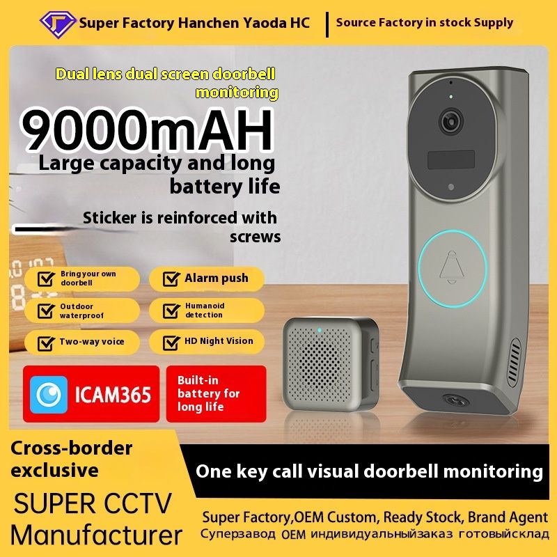 Dual lens dual screen wireless WiFi battery remote one click call visual doorbell two-way intercom high-definition_voghion.com