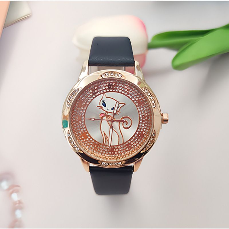 Diamantbesetzte Mode Katze Damen Lederarmband Uhr Niedliche Cartoon Studentin Quarz Armbanduhr_voghion.com