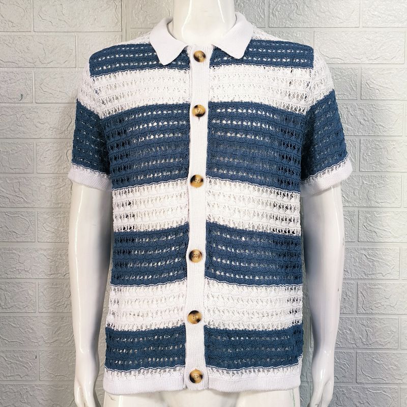 Herrenbekleidung Strickpullover Revers Kurzarm Colorblock Hohl Cardigan_voghion.com