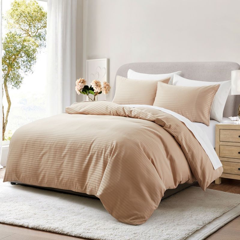 Khaki Striped Jacquard Quilt Cover Set - 3-Piece Luxury Hotel Style Bedding With Yarn Dyed Fabric​_voghion.com
