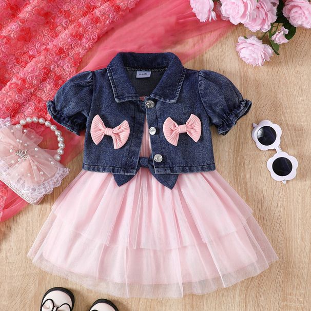 Kinderkleidung Sommeranzug für Kleinkinder, Mädchen, Jeans, kurze Jacke, Hosenträger, Netzstoff, Tüllrock_voghion.com