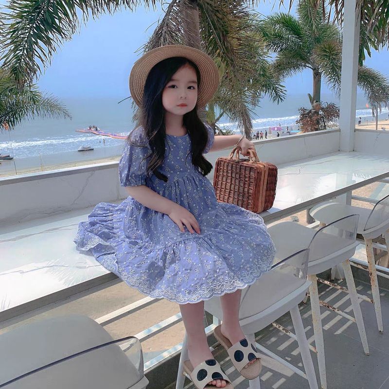 Mutter & Kinder Eltern-Kind-Kurzarmkleid 2024 Sommer neues High-End-Stickerei-Hohlbaumwoll-mittellanges Mutter-Tochter-Kleid_voghion.com