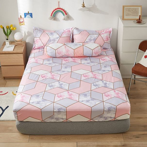 Bed Sheet Set With Heart & Geometric Patterns, Soft Polyester Fabric, Deep Pocket Elastic Edges, Fits Twin/Twin XL/Full/Queen/King Mattresses_voghion.com