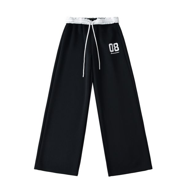 American Style Digital Print Sports Casual For Women 2024 Autumn Color Block Waist Drawstring Loose Straight Wide Leg_voghion.com