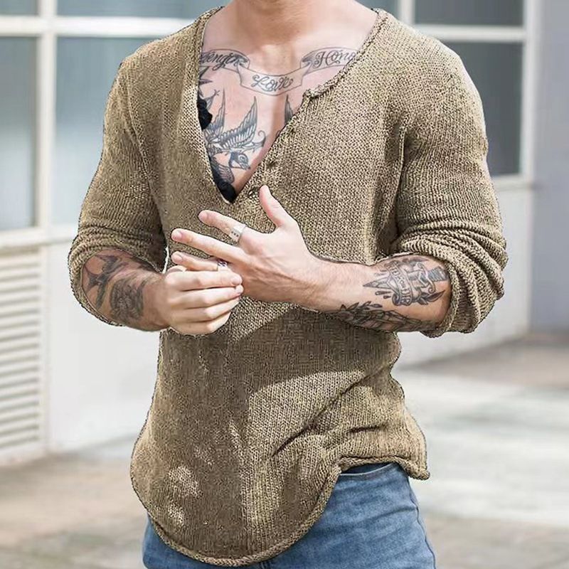 Chemise pull style printemps-automne pour hommes, avec col en v et base en tricot de laine fine, SY0064_voghion.com
