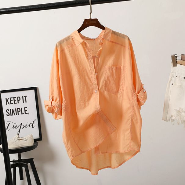 Camicia a maniche corte con protezione solare in cotone color caramella_voghion.com