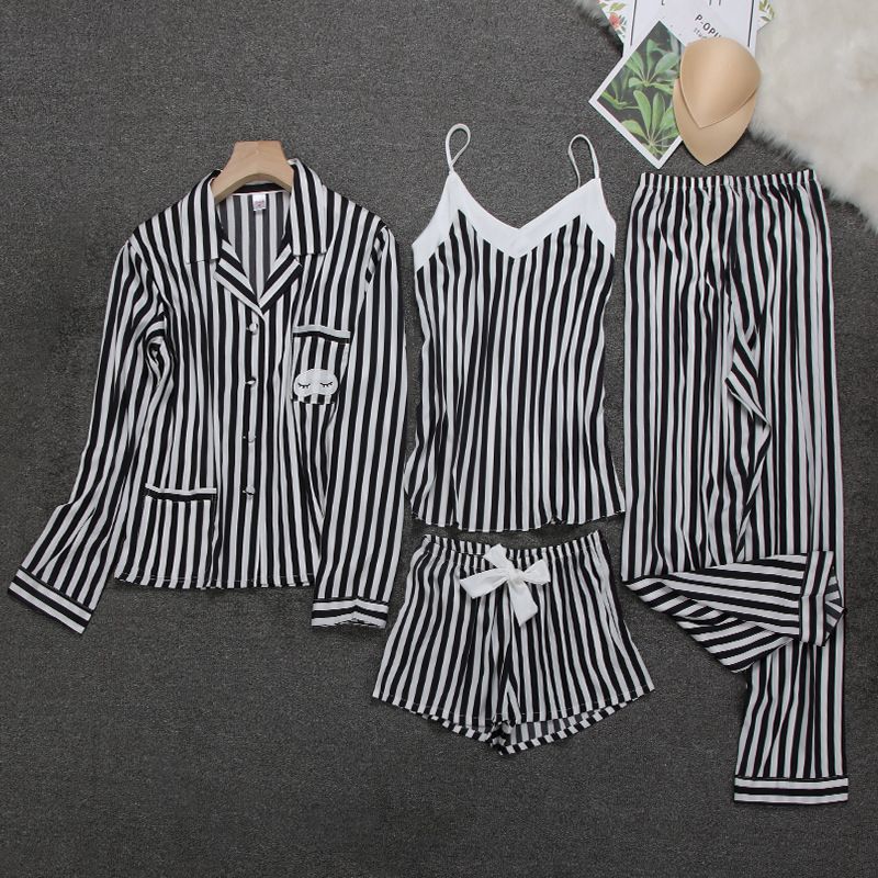 Nachtwäsche für Damen Pyjama Damen Langarm Seidenhalfter dünn gestreifte Homewear vierteiliger Anzug aus Eisseide_voghion.com