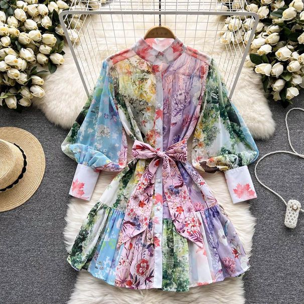 Women's Ins Lazy Holiday Style Loose Chiffon Printed Ruffled Pleated Dress With Large Hem_voghion.com