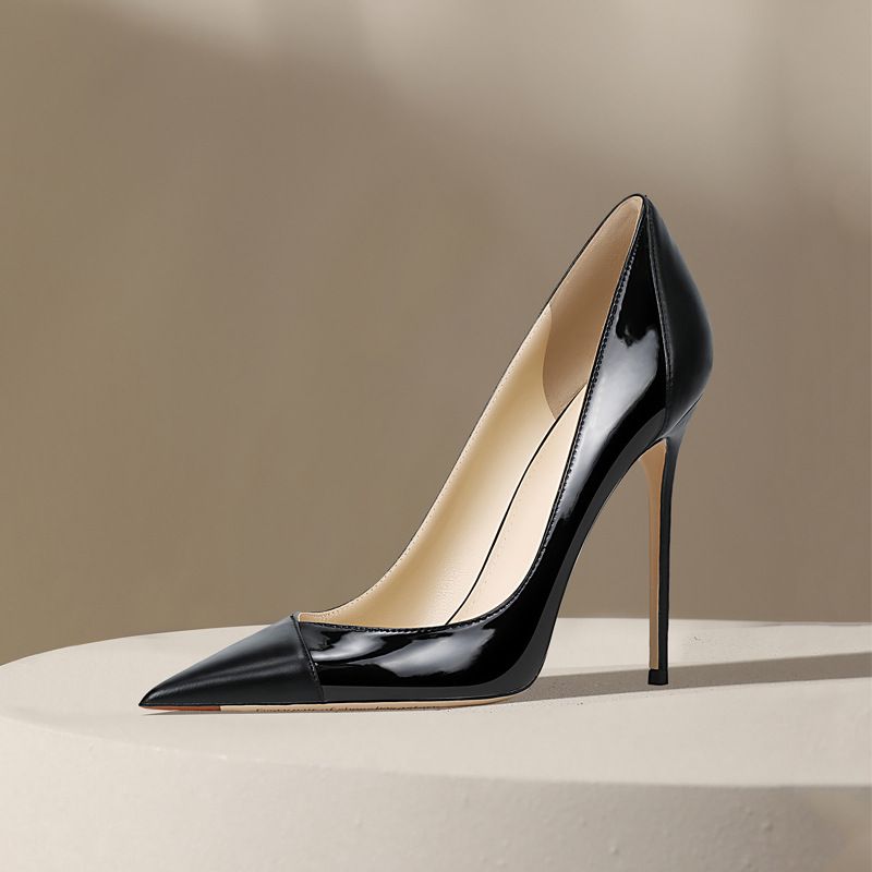 Black professional high heels, new spliced patent leather, pointed toe design, niche temperament, single shoes women's shoes_voghion.com