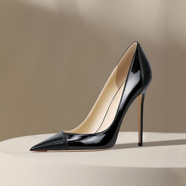 Black professional high heels, new spliced patent leather, pointed toe design, niche temperament, single shoes women's shoes_voghion.com