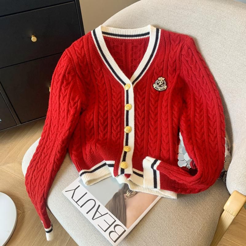 Women's Clothing 2024 Spring New College Style V neck Contrast Color Knitted Cardigan Waist Slimming Cable Knit Sweater Jacket Tops Women_voghion.com