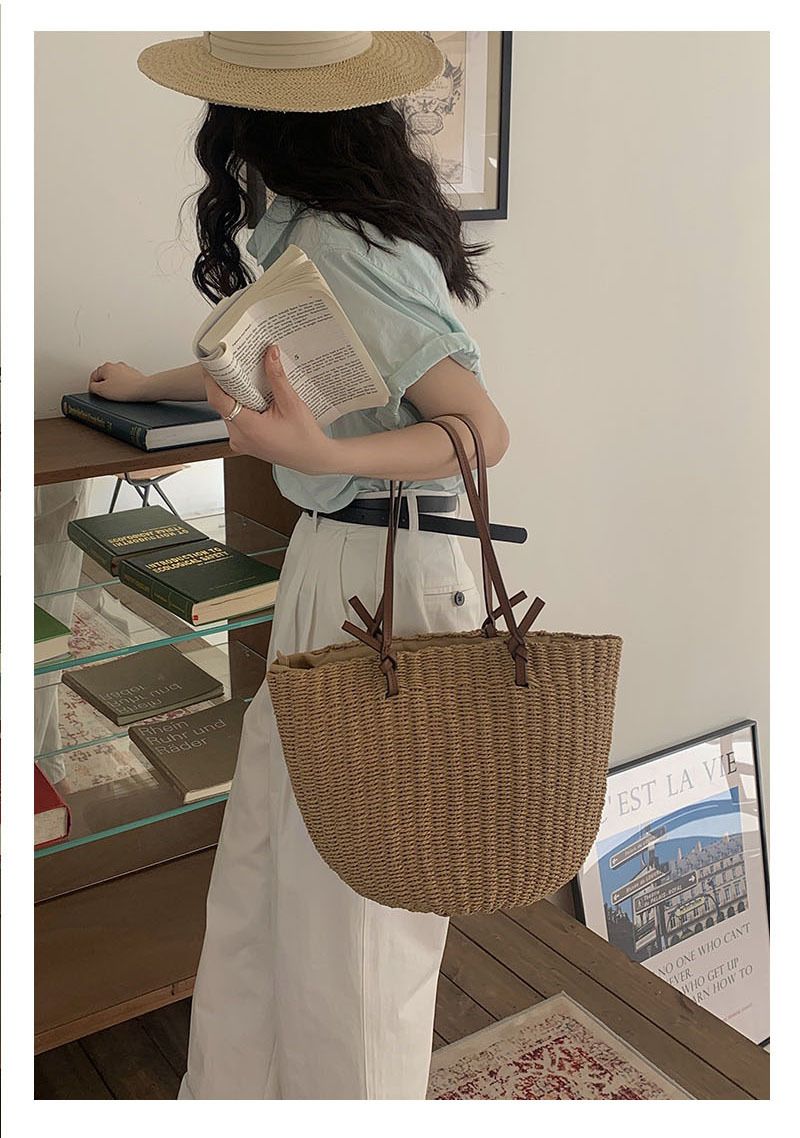 Koreanischer Stil Ins Retro Strohtasche vielseitige einzelne Schulter Eimer Tasche tragbare Rattan Tasche handgemachte gewebte Tasche weibliche Strandtasche_voghion.com