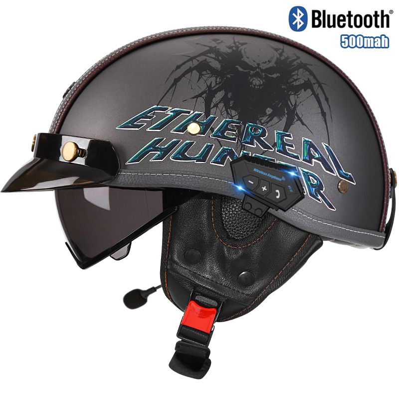 Kask motocyklowy retro z certyfikatem 3C i Bluetooth dla mężczyzn i kobiet – klasyczny, otwarty półkask z wbudowanym daszkiem i bezprzewodową komunikacją_voghion.com